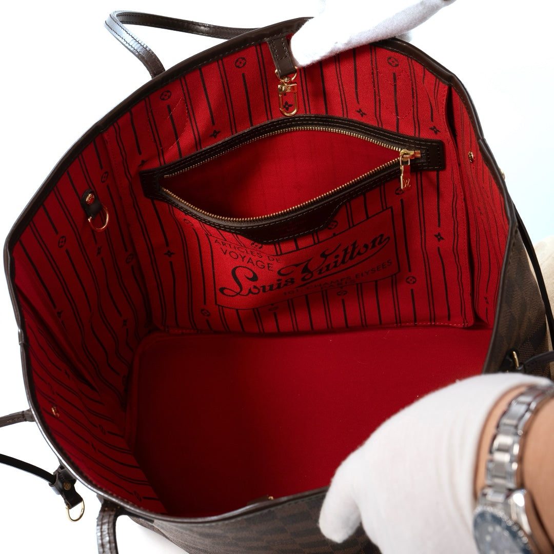 Louis Vuitton Neverfull MM Tote Bag in Damier Ebene Canvas with Brown Leather Trim