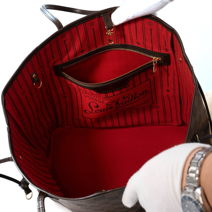 Louis Vuitton Neverfull MM Tote Bag in Damier Ebene Canvas with Brown Leather Trim