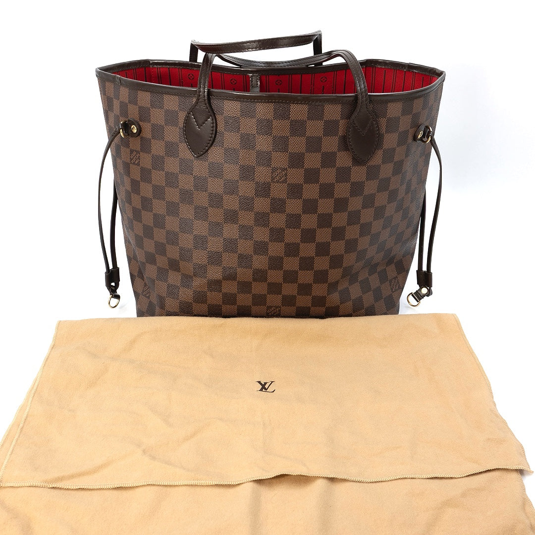 Louis Vuitton Neverfull MM Tote Bag in Damier Ebene Canvas with Brown Leather Trim