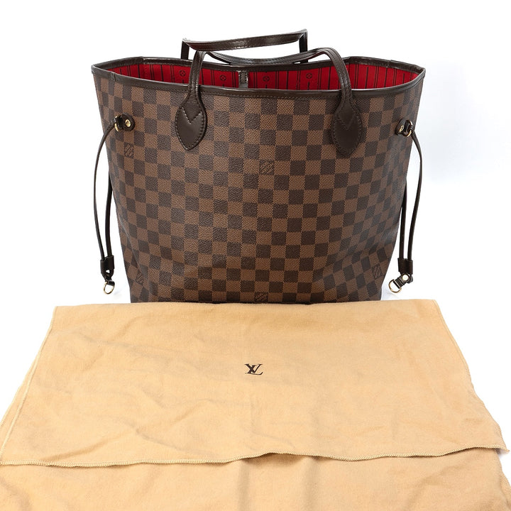 Louis Vuitton Neverfull MM Tote Bag in Damier Ebene Canvas with Brown Leather Trim