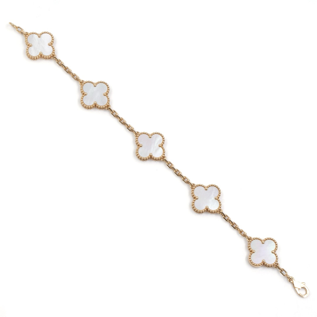 Van Cleef & Arpels Vintage Alhambra Bracelet with 5 Motifs in Yellow Gold and Mother-of-Pearl