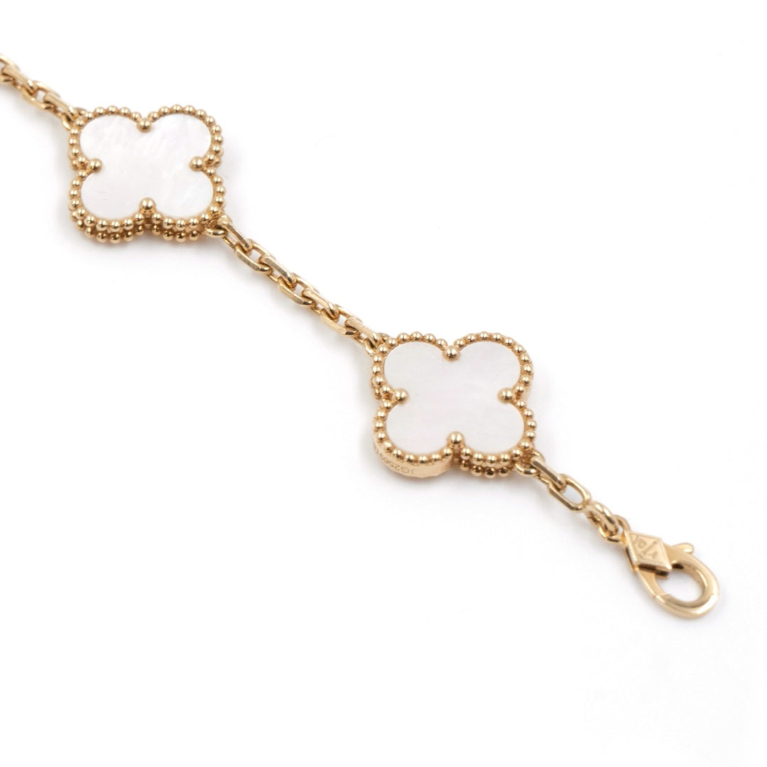 Van Cleef & Arpels Vintage Alhambra Bracelet with 5 Motifs in Yellow Gold and Mother-of-Pearl