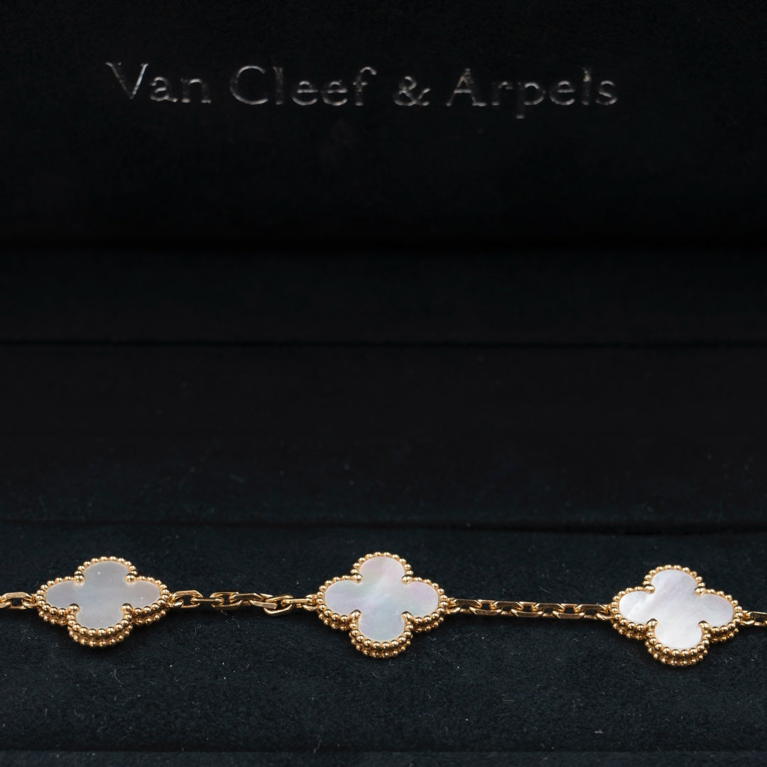 Van Cleef & Arpels Vintage Alhambra Bracelet with 5 Motifs in Yellow Gold and Mother-of-Pearl