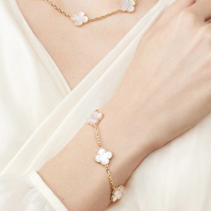 Van Cleef & Arpels Vintage Alhambra Bracelet with 5 Motifs in Yellow Gold and Mother-of-Pearl