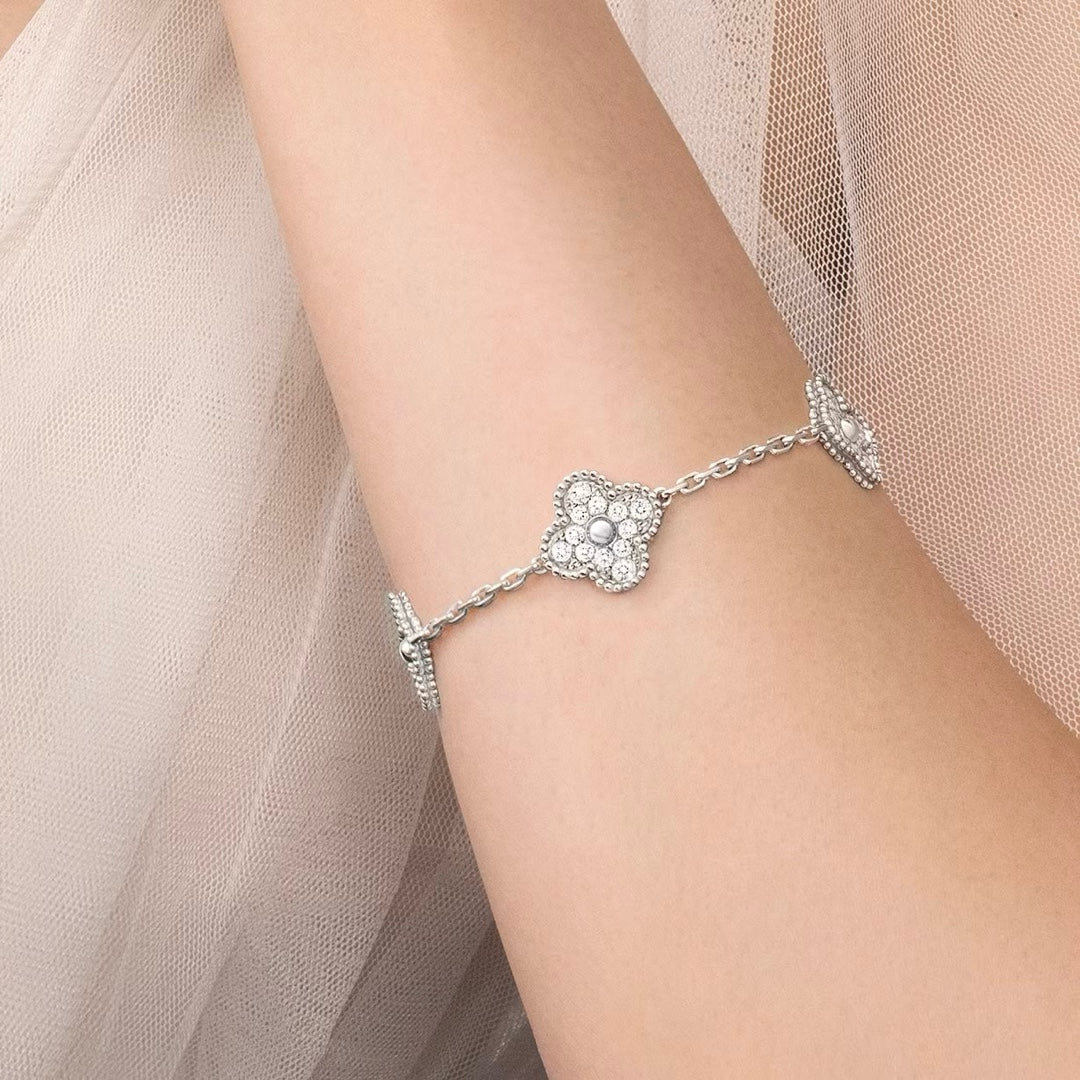 Van Cleef & Arpels Vintage Alhambra Bracelet 5 Motifs in 18K White Gold with Diamonds