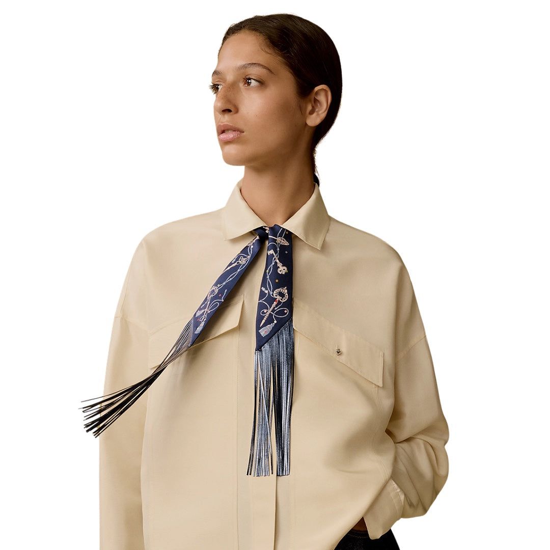 Hermès Les Clés à Pois Leather Fringes Twilly Silk Scarf Bleu Marine Gris Argent Multicolore - Gemaee  UAE