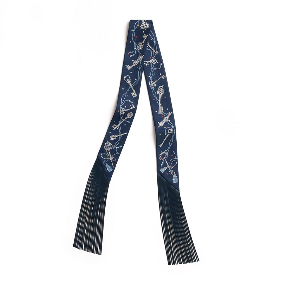 Hermès Les Clés à Pois Leather Fringes Twilly Silk Scarf Bleu Marine Gris Argent Multicolore - Gemaee  UAE