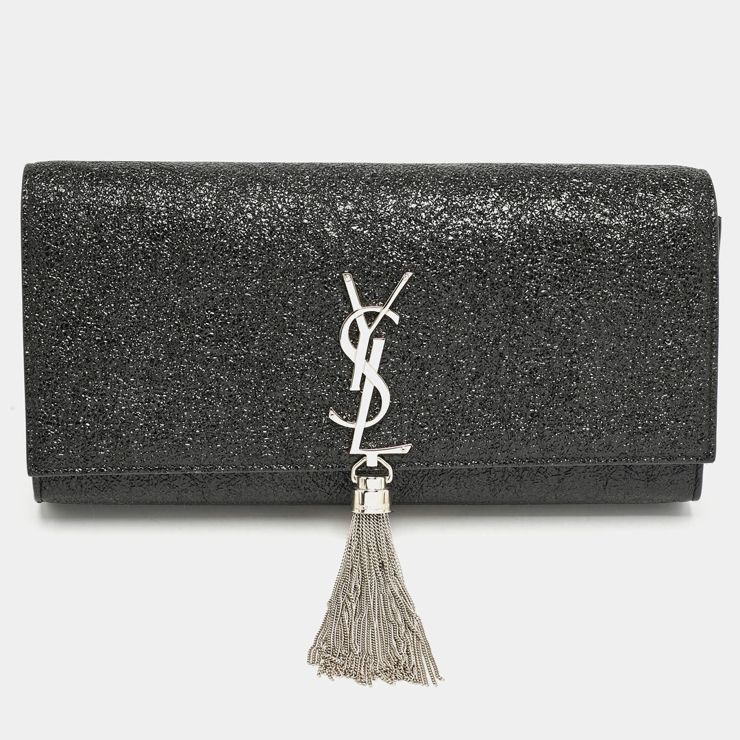 Saint Laurent Cassandre Tassel Clutch in Black Ceramic Effect Leather