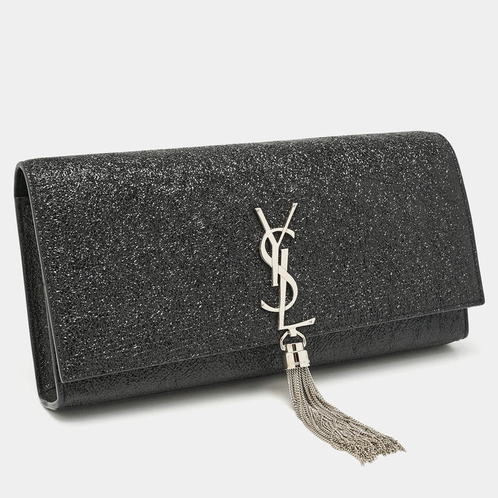 Saint Laurent Cassandre Tassel Clutch in Black Ceramic Effect Leather