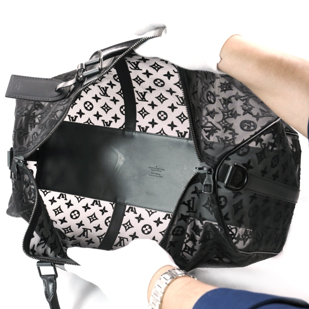 Louis Vuitton Keepall Bandoulière 50 in Black Monogram Mesh with Black Hardware  Travel Duffle Bag