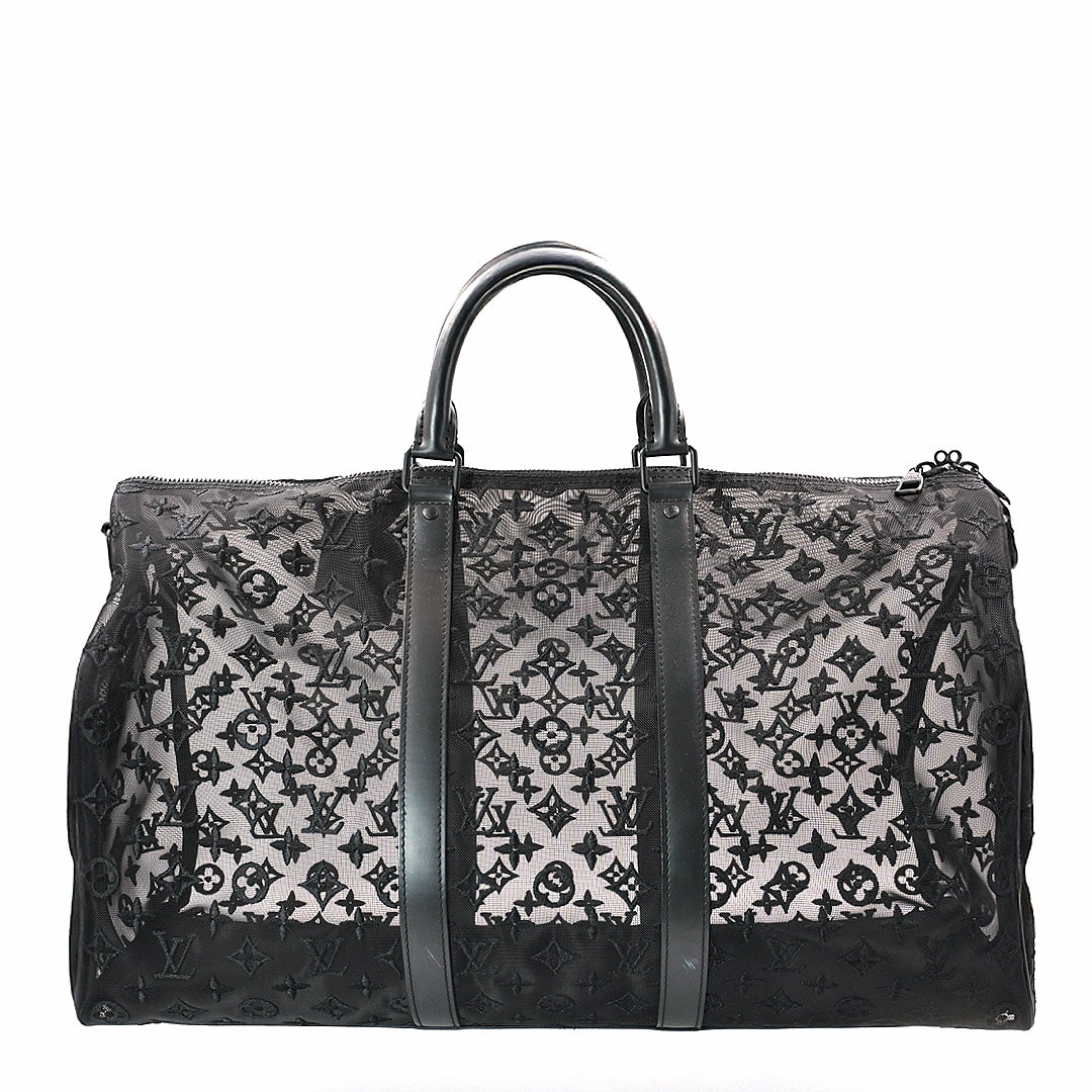 Louis Vuitton Keepall Bandoulière 50 in Black Monogram Mesh with Black Hardware  Travel Duffle Bag