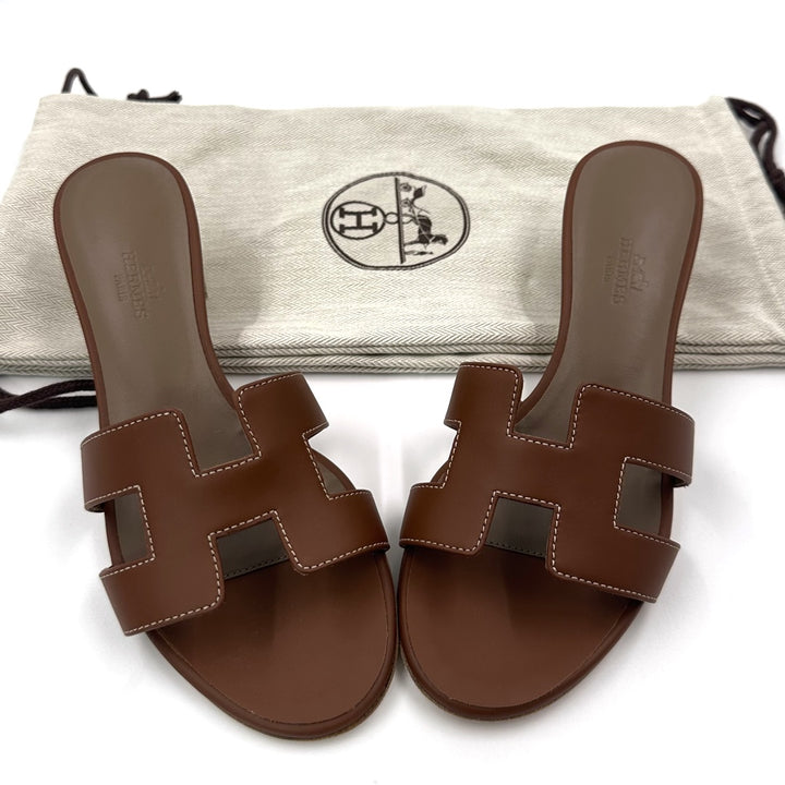 Hermès Brown Leather Oasis Slides Sandals - Gemaee  UAE
