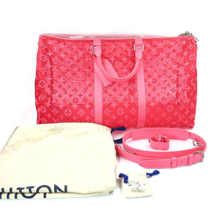 Louis Vuitton Keepall Bandoulière 50 in Fuchsia Monogram Mesh with Silver Tone Hardware