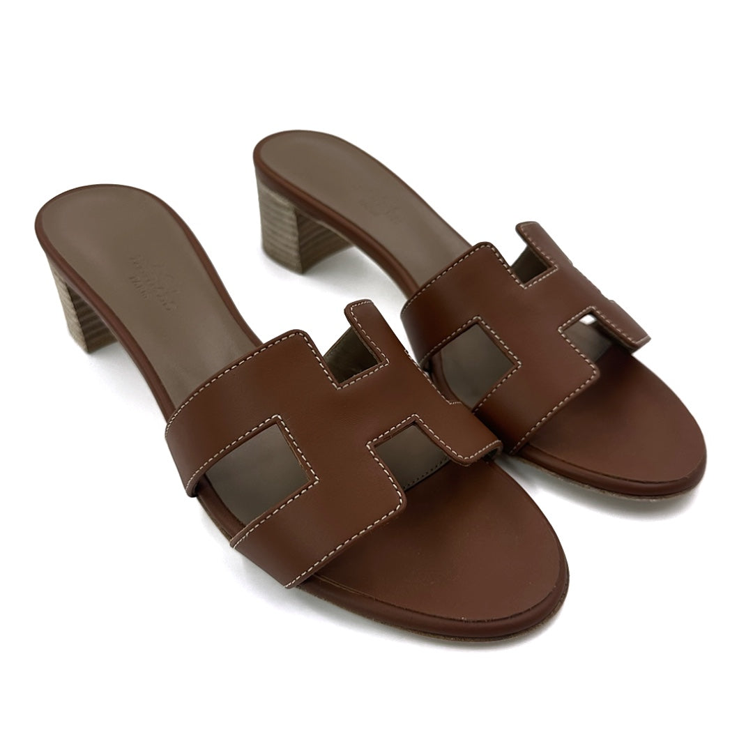Hermès Brown Leather Oasis Slides Sandals - Gemaee  UAE