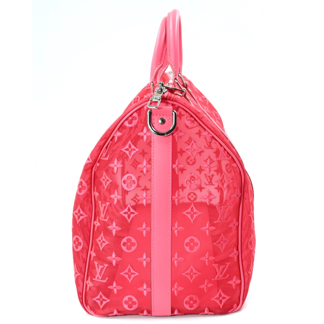 Louis Vuitton Keepall Bandoulière 50 in Fuchsia Monogram Mesh with Silver Tone Hardware
