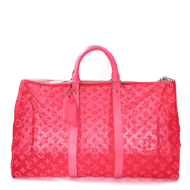 Louis Vuitton Keepall Bandoulière 50 in Fuchsia Monogram Mesh with Silver Tone Hardware