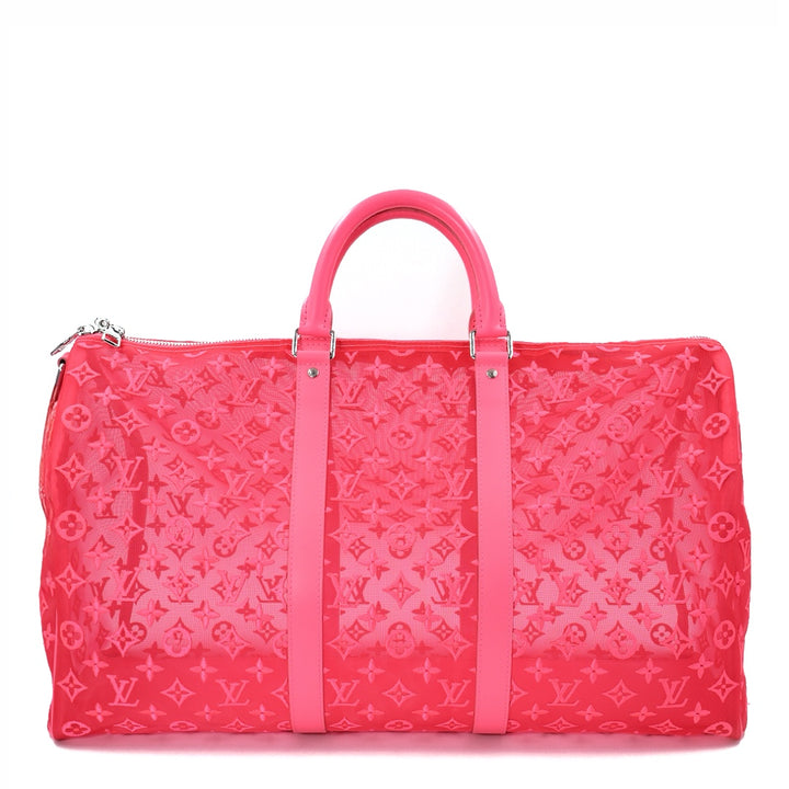 Louis Vuitton Keepall Bandoulière 50 in Fuchsia Monogram Mesh with Silver Tone Hardware