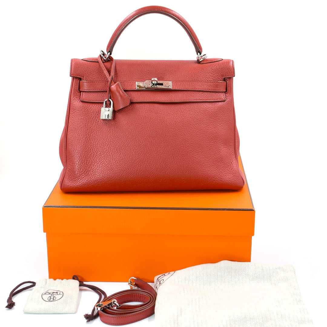 Hermès Kelly Retourne 32 Clemence Leather in Rouge Vénitien Palladium Hardware Handbag