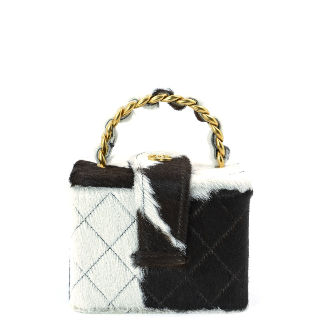 Chanel Mini Vanity Case in Brown and White Pony Hair with Gold-Tone Hardware