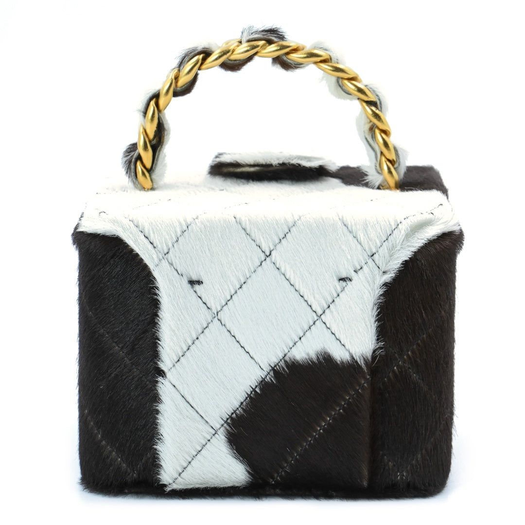 Chanel Mini Vanity Case in Brown and White Pony Hair with Gold-Tone Hardware