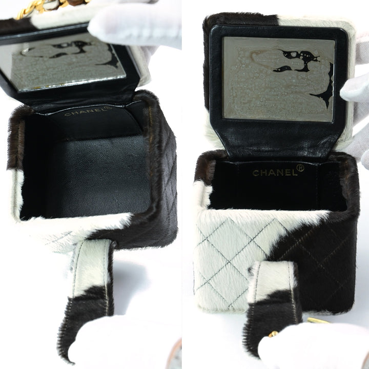 Chanel Mini Vanity Case in Brown and White Pony Hair with Gold-Tone Hardware