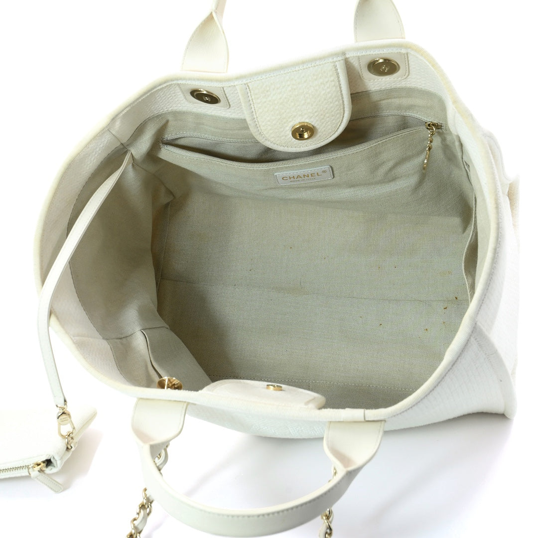 Chanel Deauville Large Tote Bag in White Canvas with Gold-Tone Hardware