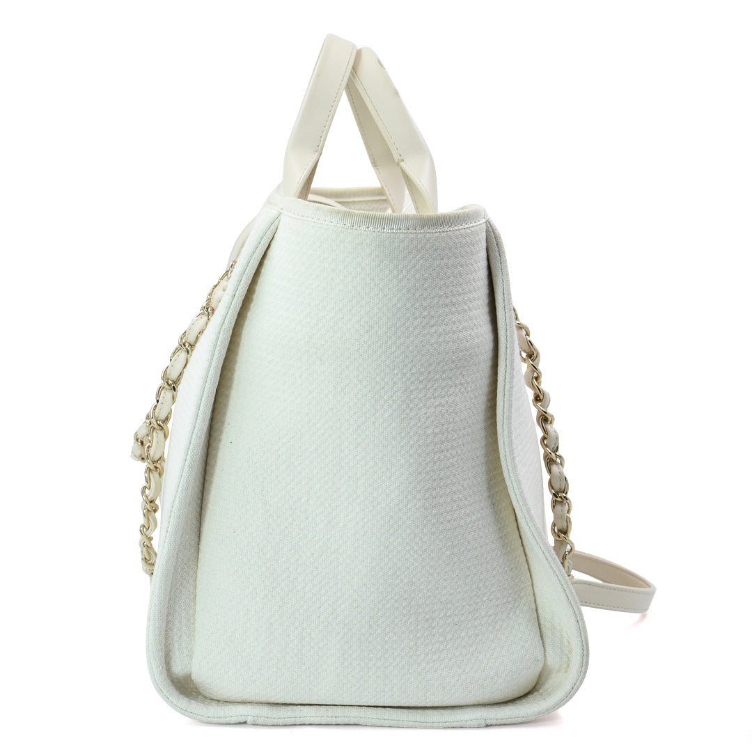Chanel Deauville Large Tote Bag in White Canvas with Gold-Tone Hardware