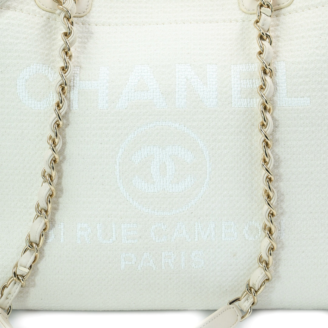 Chanel Deauville Large Tote Bag in White Canvas with Gold-Tone Hardware
