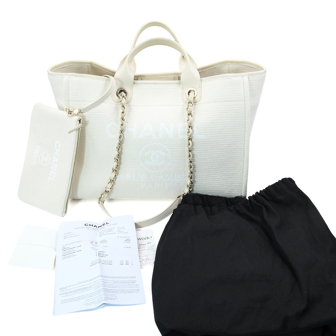 Chanel Deauville Large Tote Bag in White Canvas with Gold-Tone Hardware