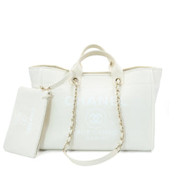 Chanel Deauville Large Tote Bag in White Canvas with Gold-Tone Hardware