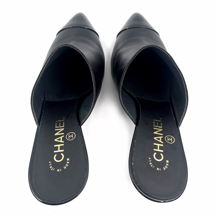 Chanel CC Logo With Pearls Heels Mule Pump Shoe Black Beige Leather Sandals