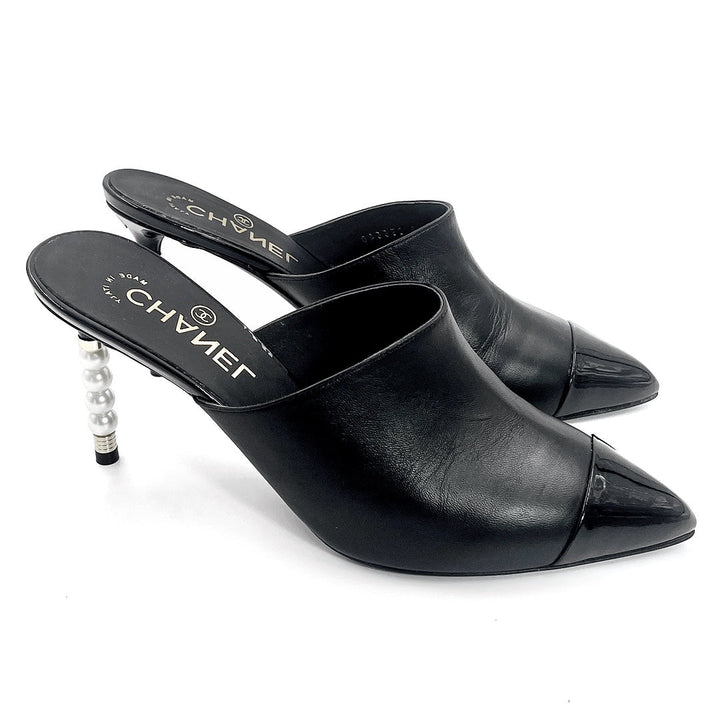 Chanel CC Logo With Pearls Heels Mule Pump Shoe Black Beige Leather Sandals