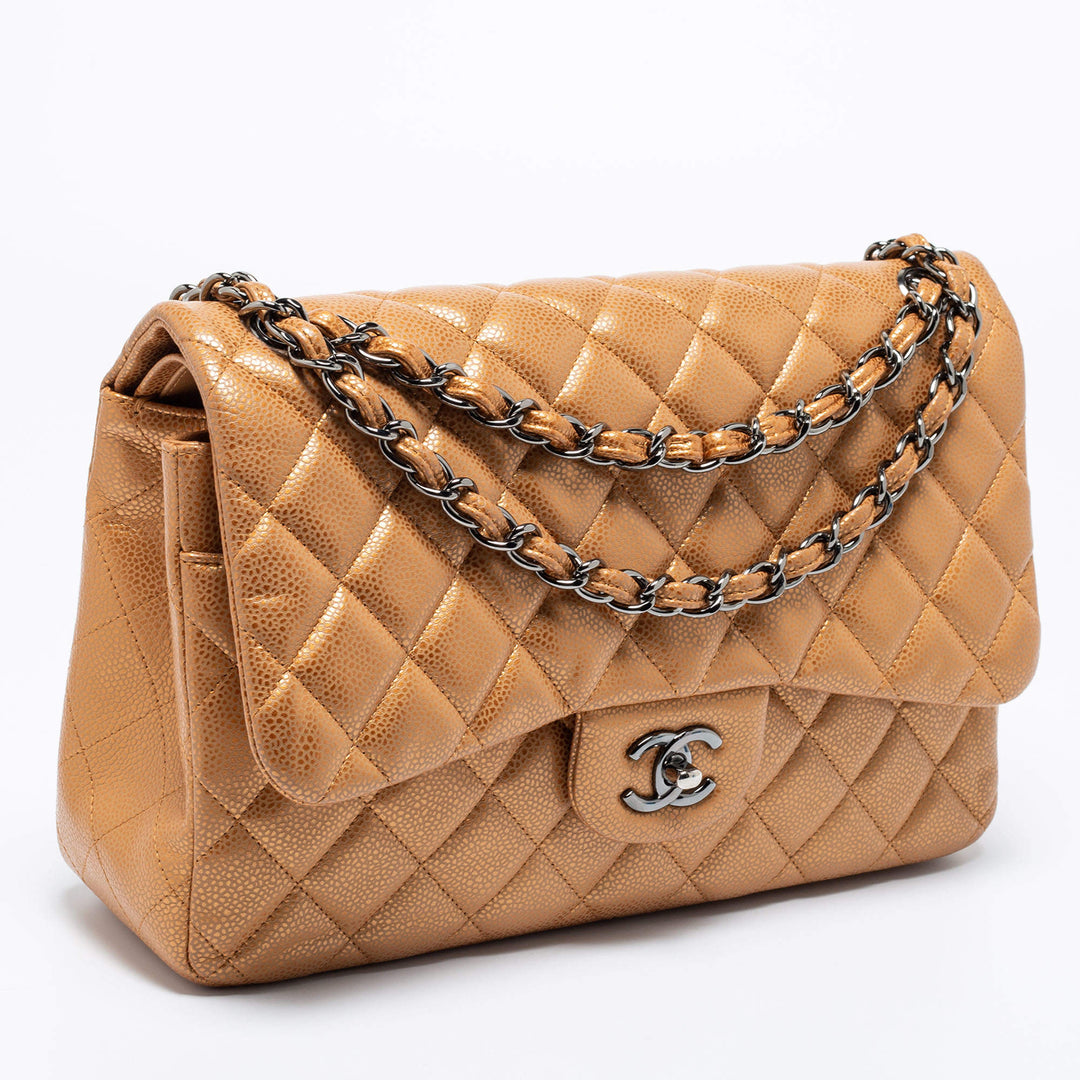 Chanel Jumbo Classic Double Flap Bag in Bronze Quilted Caviar Leather with Ruthenium Hardware