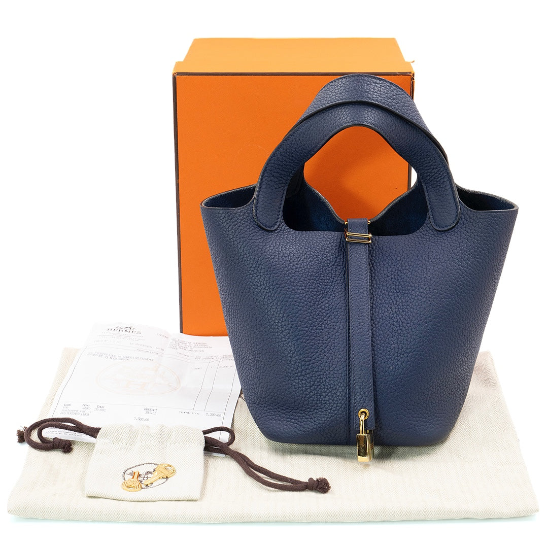 Hermès Picotin Lock 18 Clemence Leather Bag in Bleu Saphir with Gold Hardware - Gemaee  UAE