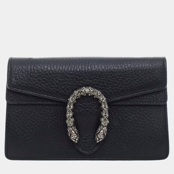Gucci Dionysus Mini Shoulder Bag in Black Textured Leather with Crystal Embellished Tiger Head Closure