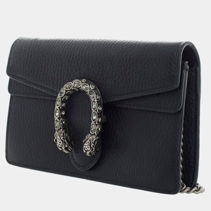Gucci Dionysus Mini Shoulder Bag in Black Textured Leather with Crystal Embellished Tiger Head Closure