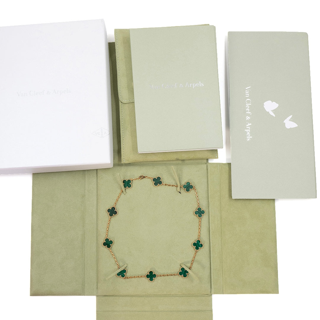 Van Cleef & Arpels Vintage Alhambra Necklace 10 Motifs Yellow Gold Malachite