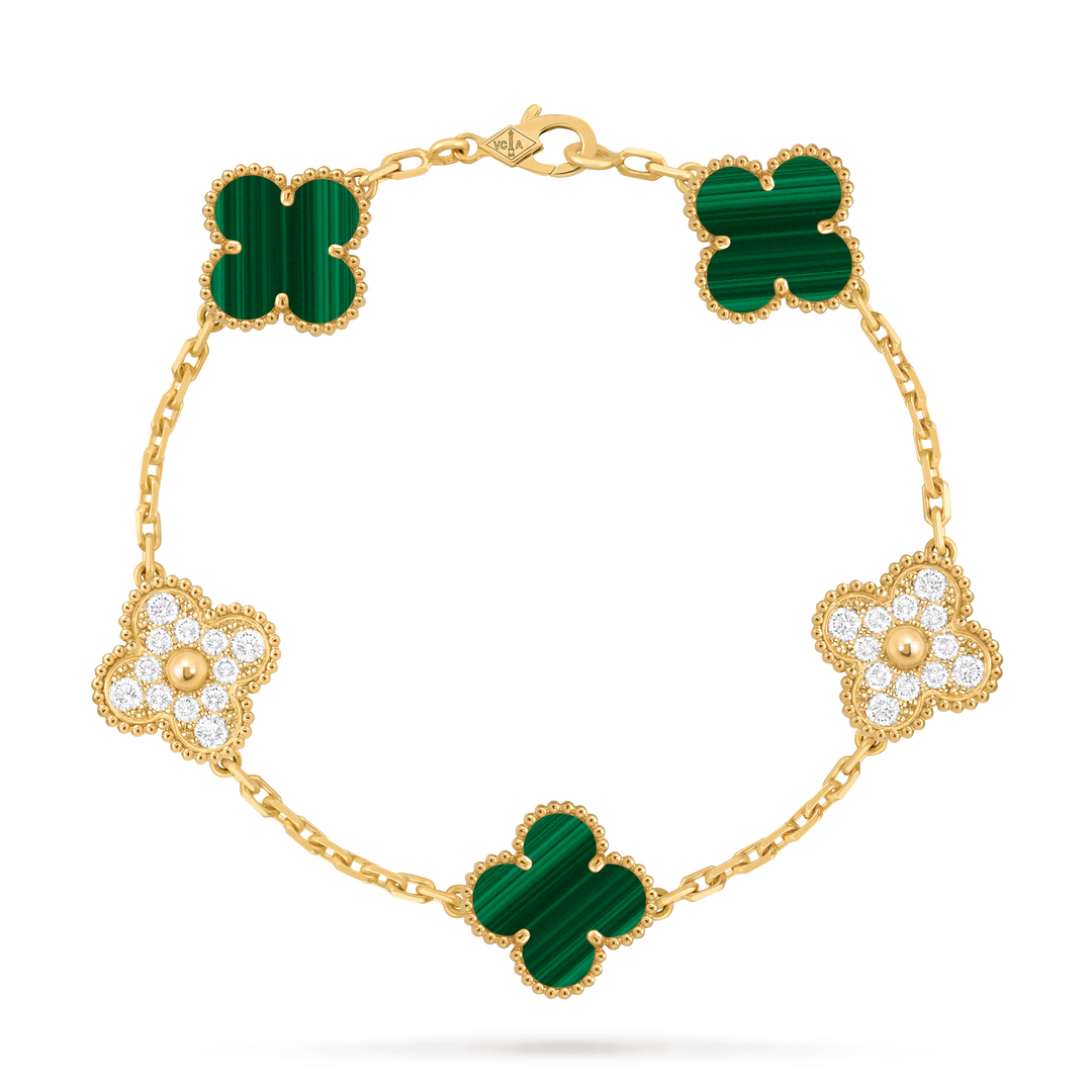 Van Cleef & Arpels Vintage Alhambra Bracelet 5 Motifs in Yellow Gold with Malachite - Gemaee  UAE