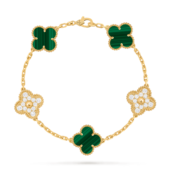 Van Cleef & Arpels Vintage Alhambra Bracelet 5 Motifs in Yellow Gold with Malachite - Gemaee  UAE