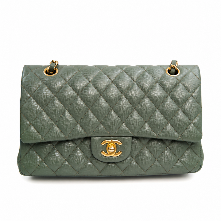 CHANEL Classic Medium Double Flap Bag in Shiny Glazed Green Caviar Leather with Gold Hardware