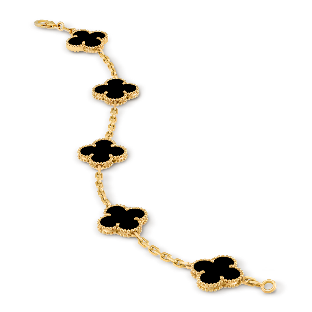 Van Cleef & Arpels Vintage Alhambra 5 Motif Bracelet in 18K Yellow Gold & Onyx