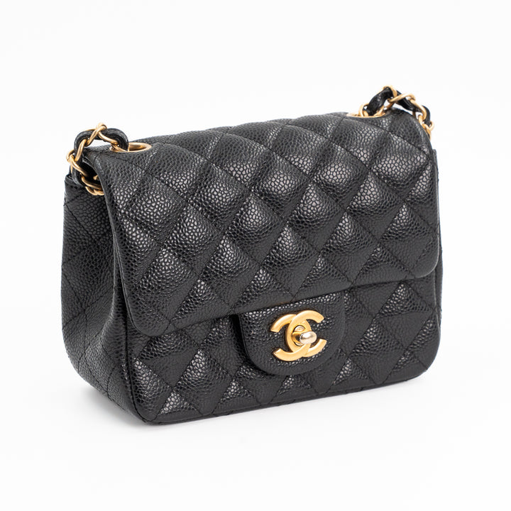 Chanel Mini Square Classic Flap Bag in Black Quilted Caviar Leather with Gold Hardware