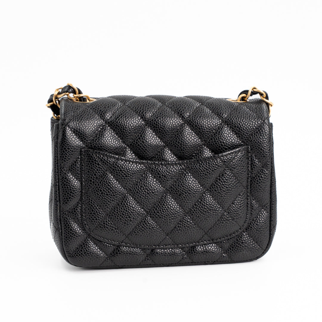 Chanel Mini Square Classic Flap Bag in Black Quilted Caviar Leather with Gold Hardware