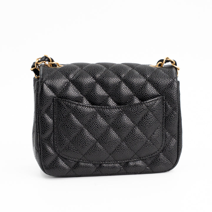 Chanel Mini Square Classic Flap Bag in Black Quilted Caviar Leather with Gold Hardware