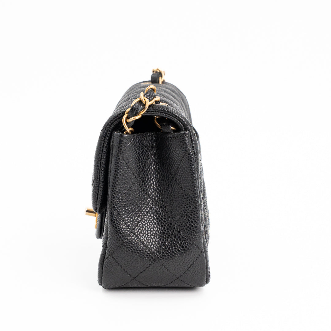Chanel Mini Square Classic Flap Bag in Black Quilted Caviar Leather with Gold Hardware