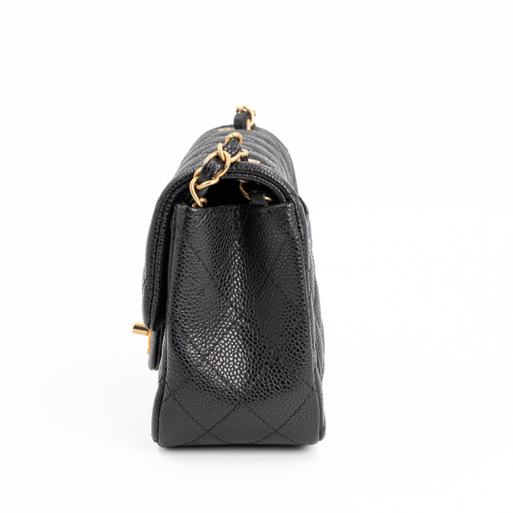 Chanel Mini Square Classic Flap Bag in Black Quilted Caviar Leather with Gold Hardware