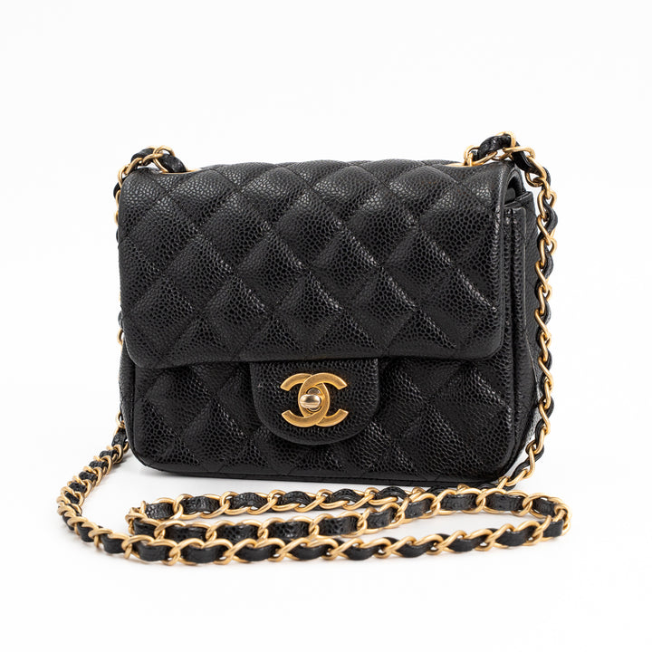 Chanel Mini Square Classic Flap Bag in Black Quilted Caviar Leather with Gold Hardware