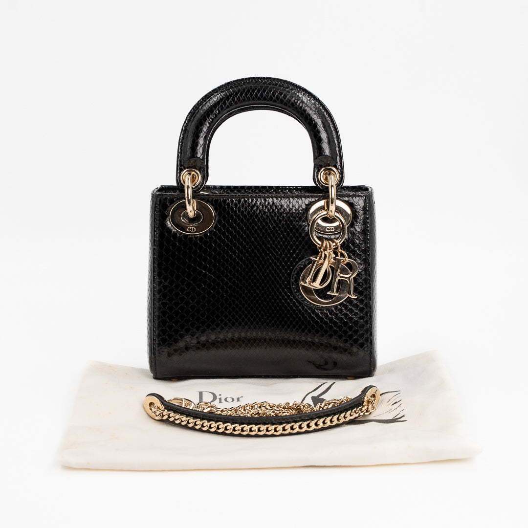 Christian Dior Mini Lady Dior Bag in Black Shiny Python with Gold-Tone Hardware