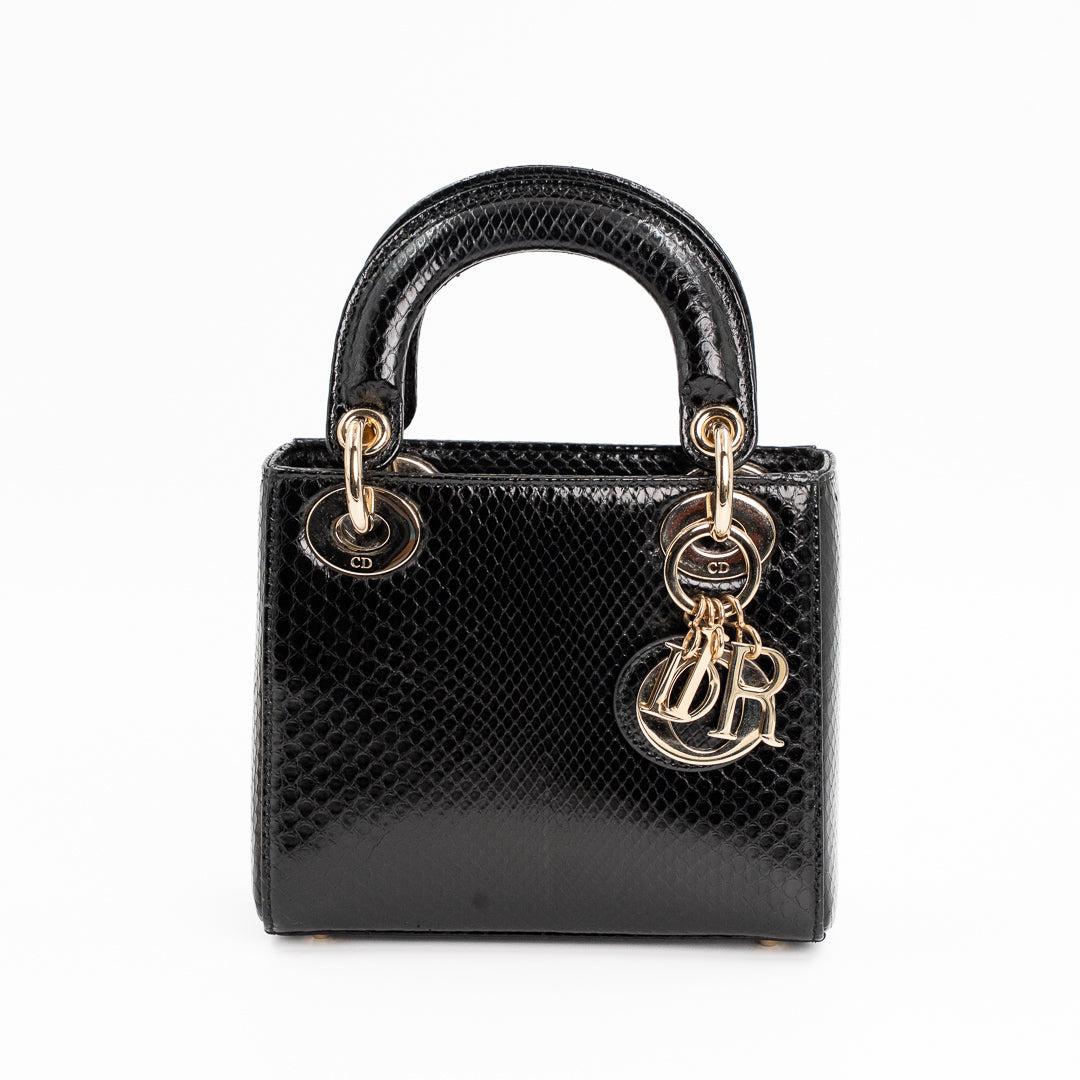 Christian Dior Mini Lady Dior Bag in Black Shiny Python with Gold-Tone Hardware