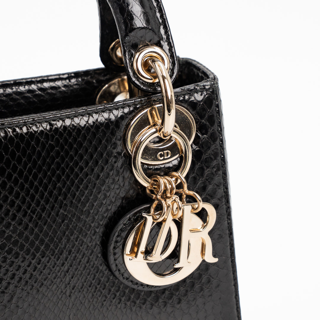 Christian Dior Mini Lady Dior Bag in Black Shiny Python with Gold-Tone Hardware